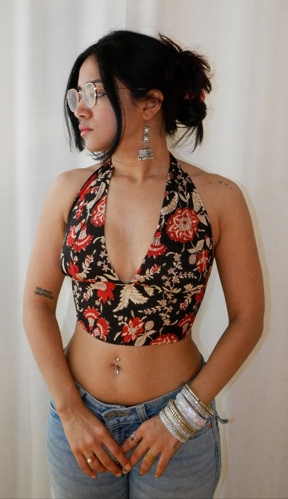 Backless GEET halter neck crop top in pure cotton with a playful goldrush print.