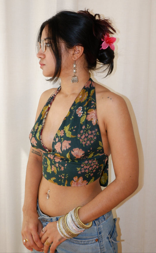 Backless GEET halter neck crop top in pure cotton with a playful lilac forest print.
