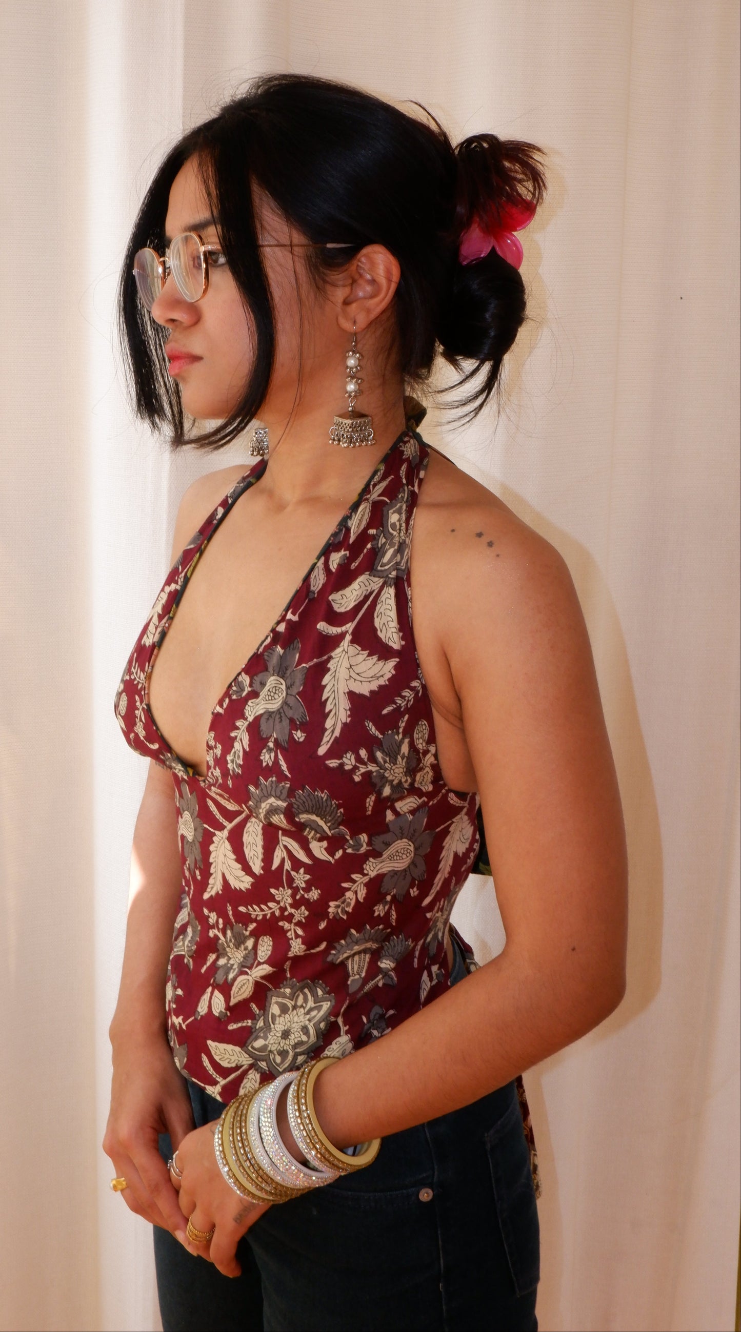 Backless GEET halter neck top in pure cotton with a playful lilac forest print.