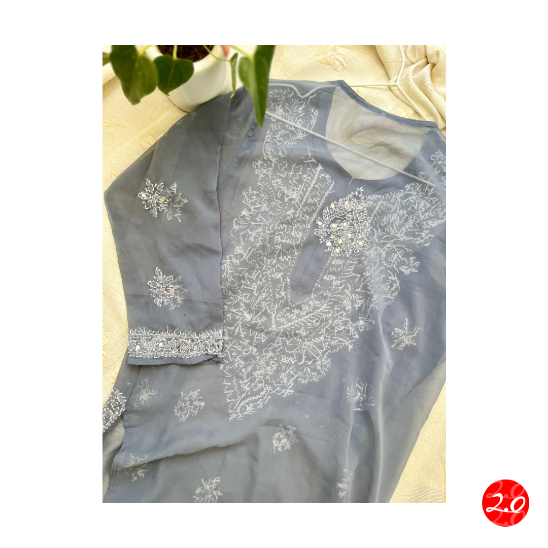 Pearl-Grey Mirror Chikankari Kurti