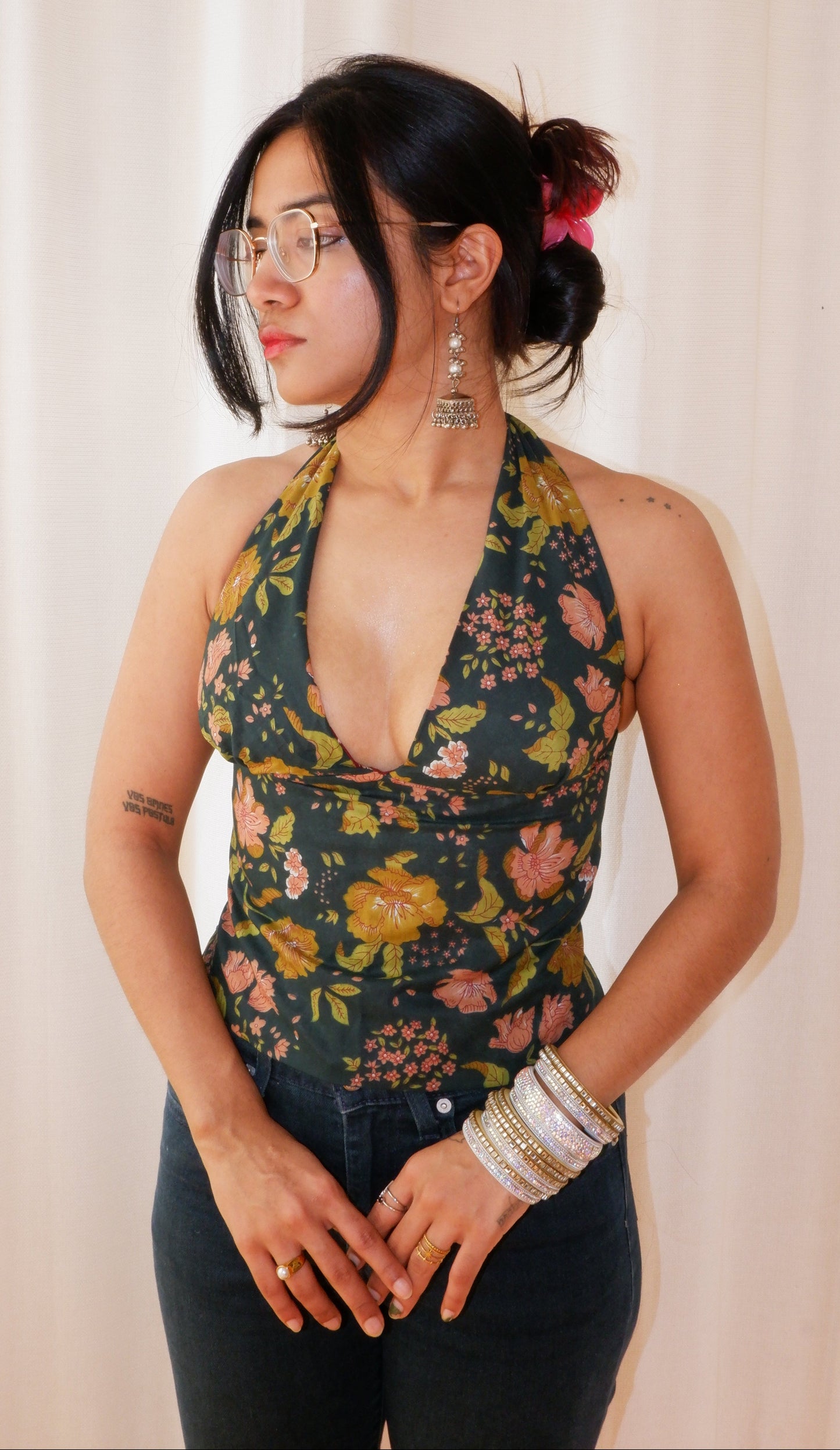Backless GEET halter neck top in pure cotton with a playful forest flower print.