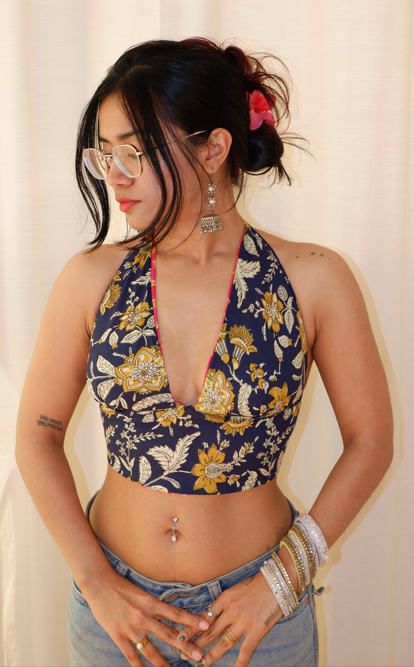 Backless GEET halter neck crop top in pure cotton with a playful Rose After Dark print.