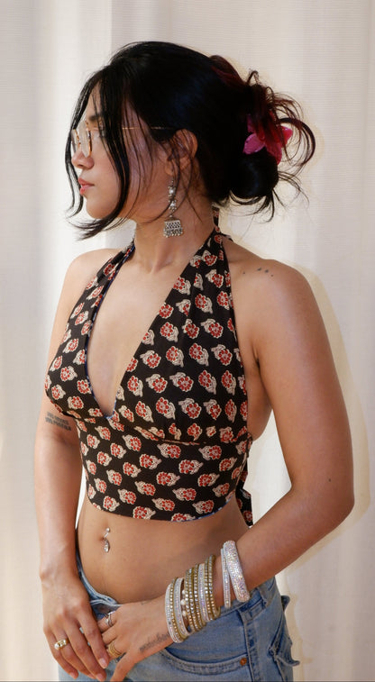 Backless GEET halter neck crop top in pure cotton with a playful twilight print.