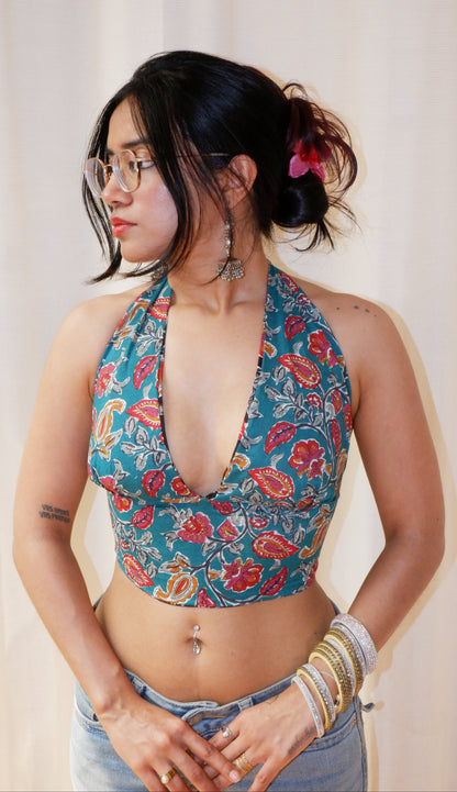 Backless GEET halter neck crop top in pure cotton with a playful Seafoam Shadows print.