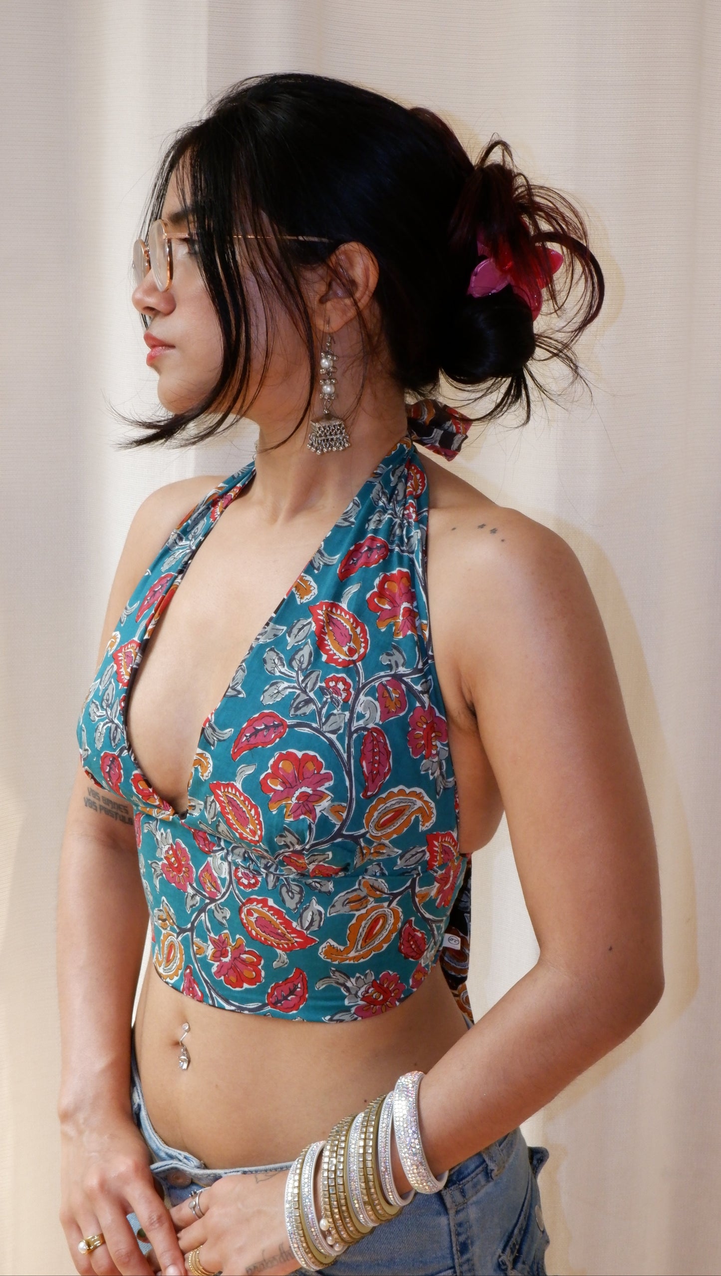 Backless GEET halter neck crop top in pure cotton with a playful Seafoam Shadows print.