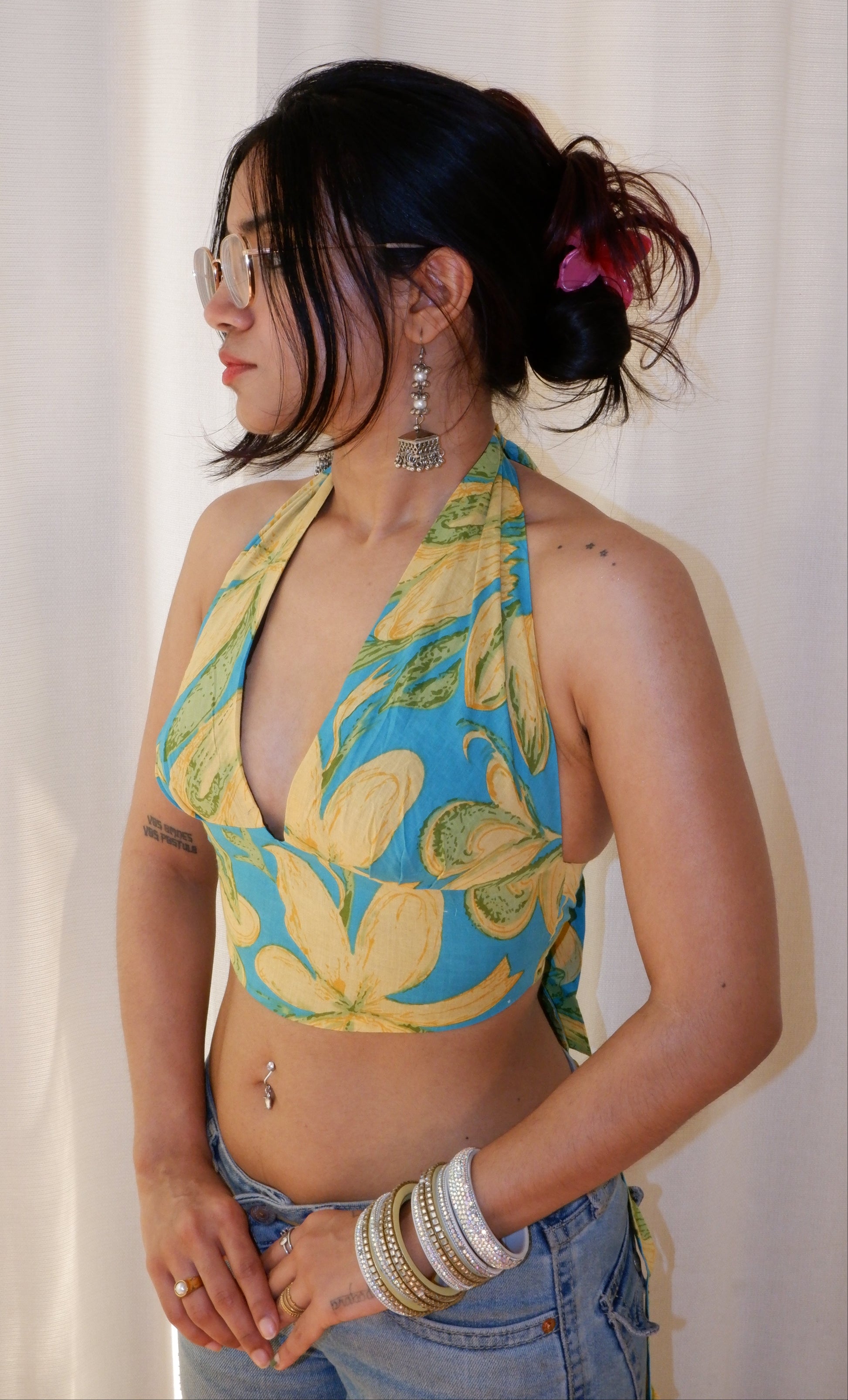 Backless GEET halter neck crop top in pure cotton with a playful tropical print.