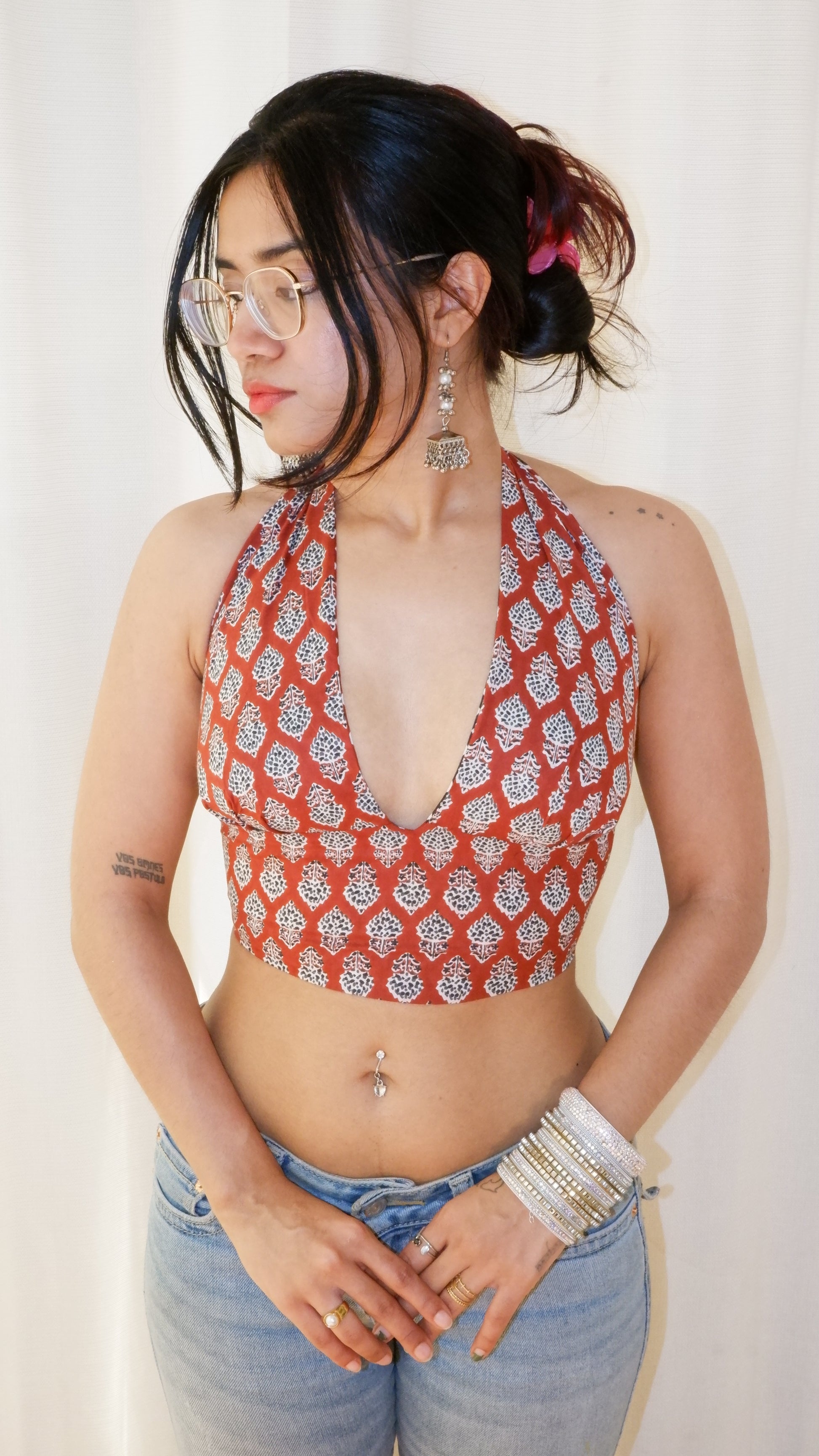 Backless GEET halter neck crop top in pure cotton with a playful terracotta print.