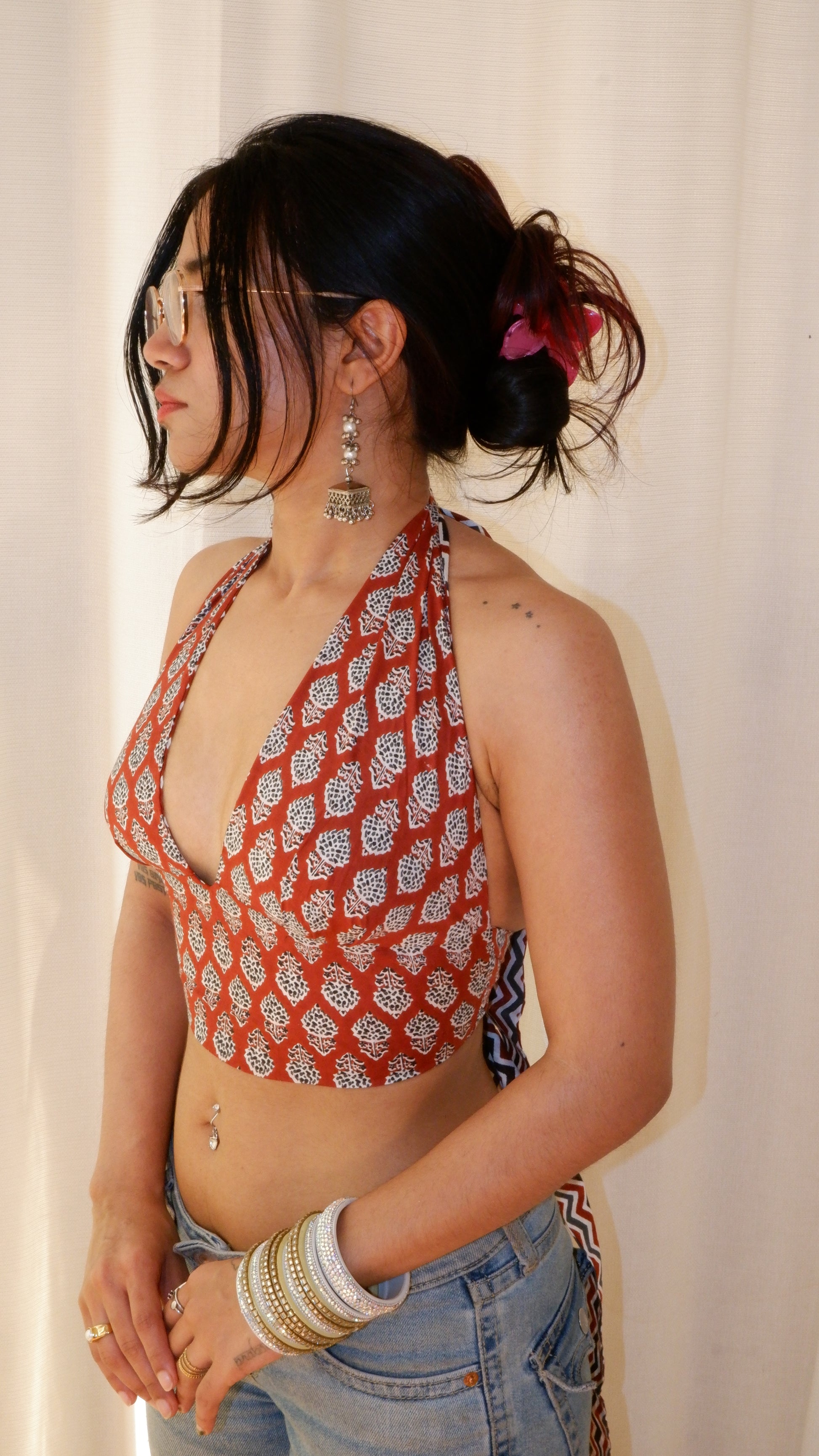 Backless GEET halter neck crop top in pure cotton with a playful terracotta print.