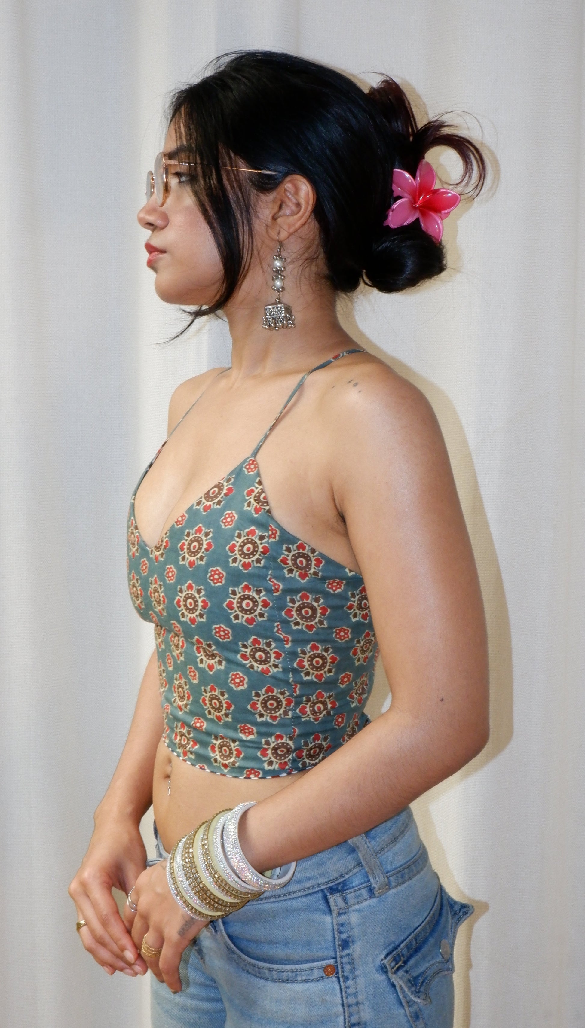 Backless GEET halter neck top in pure cotton with a playful wildstripe grove print.