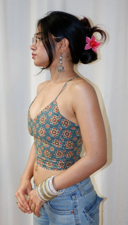 Backless GEET halter neck top in pure cotton with a playful wildstripe grove print.