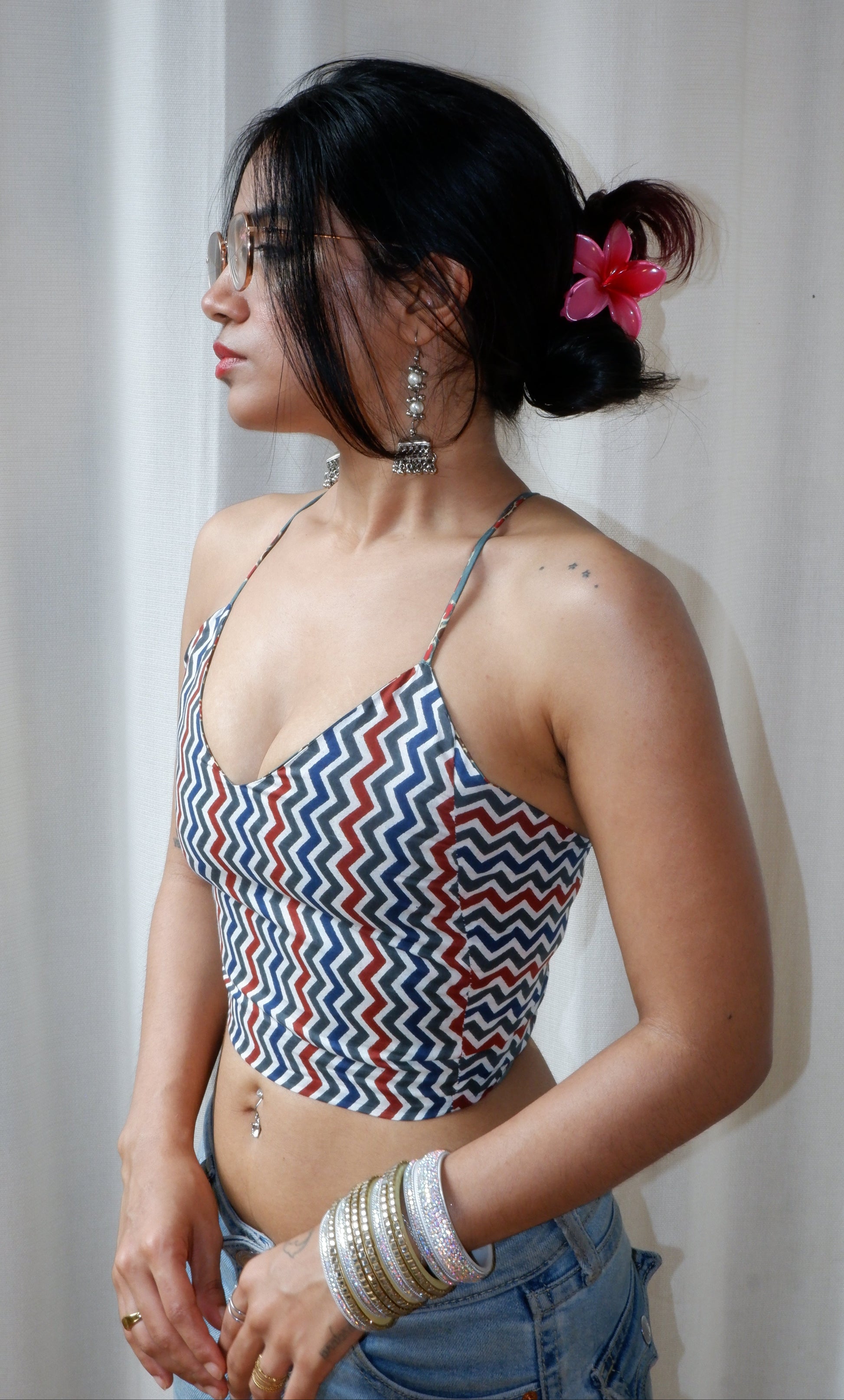 Backless GEET halter neck top in pure cotton with a playful wildstripe grove print.