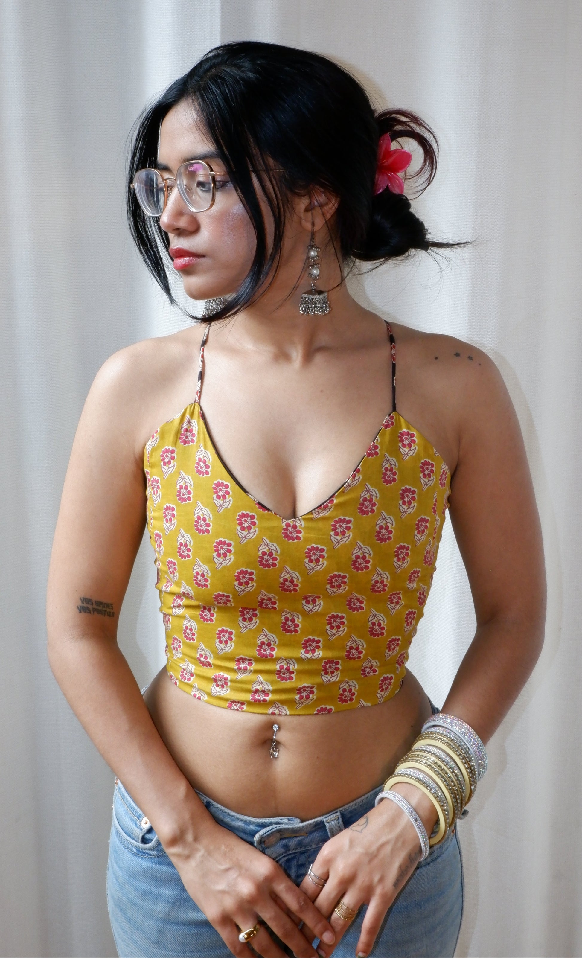 Backless GEET halter neck top in pure cotton with a playful mustard noir print.