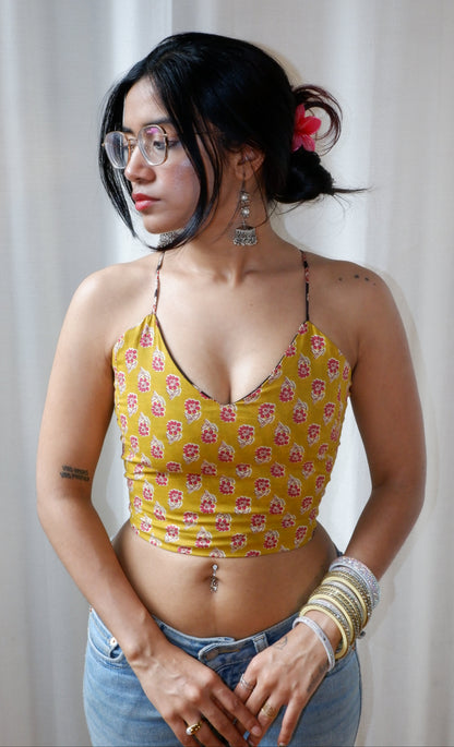 Backless GEET halter neck top in pure cotton with a playful mustard noir print.