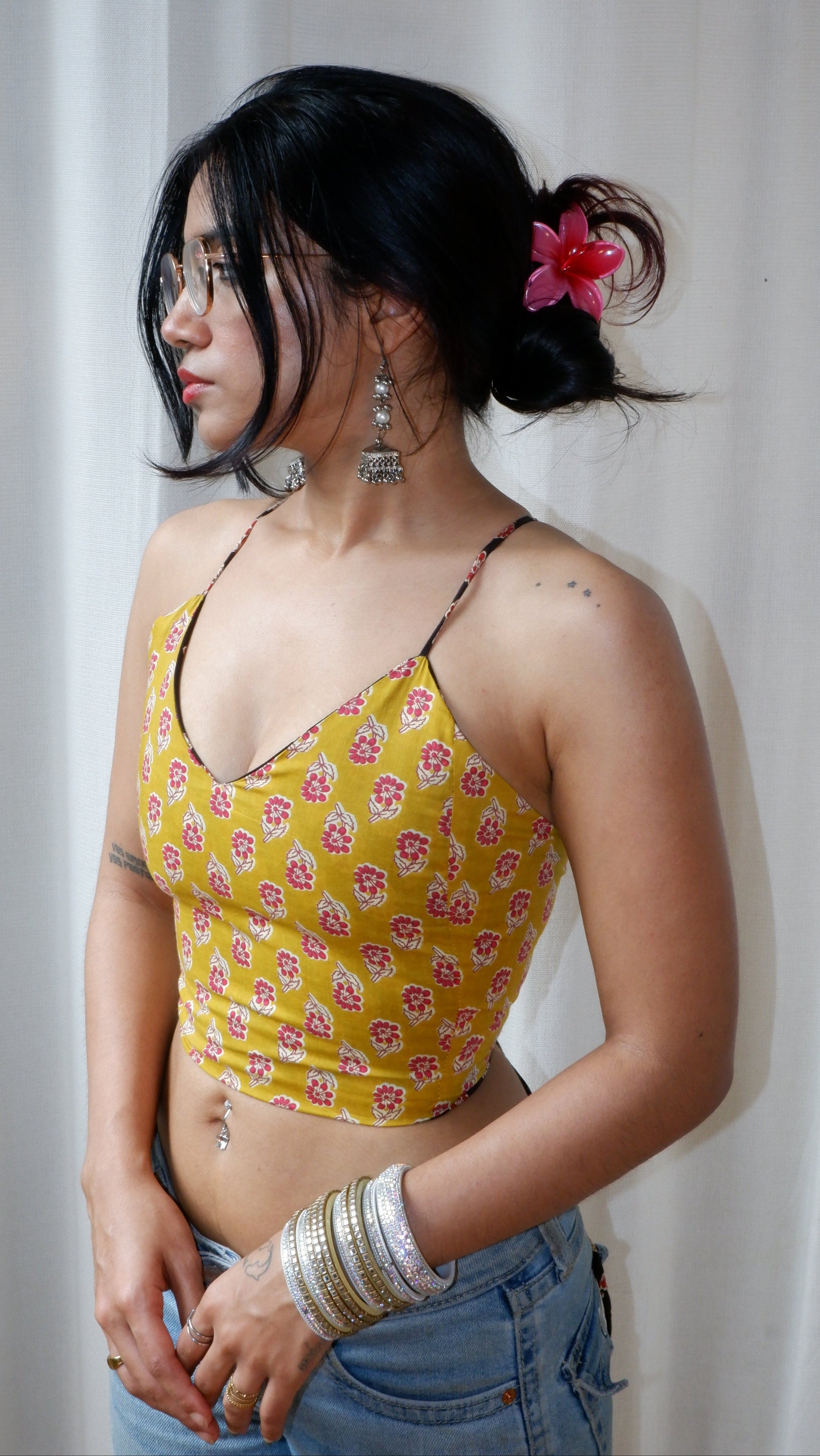 Backless GEET halter neck top in pure cotton with a playful mustard noir print.