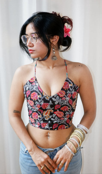 Backless GEET halter neck top in pure cotton with a playful seafoam shadows print.