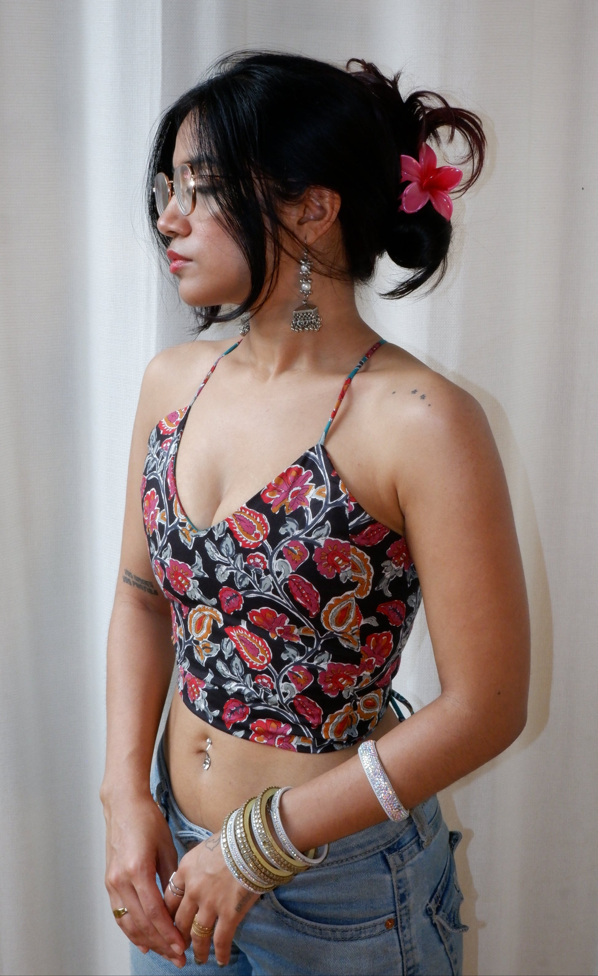 Backless GEET halter neck top in pure cotton with a playful seafoam shadows print.