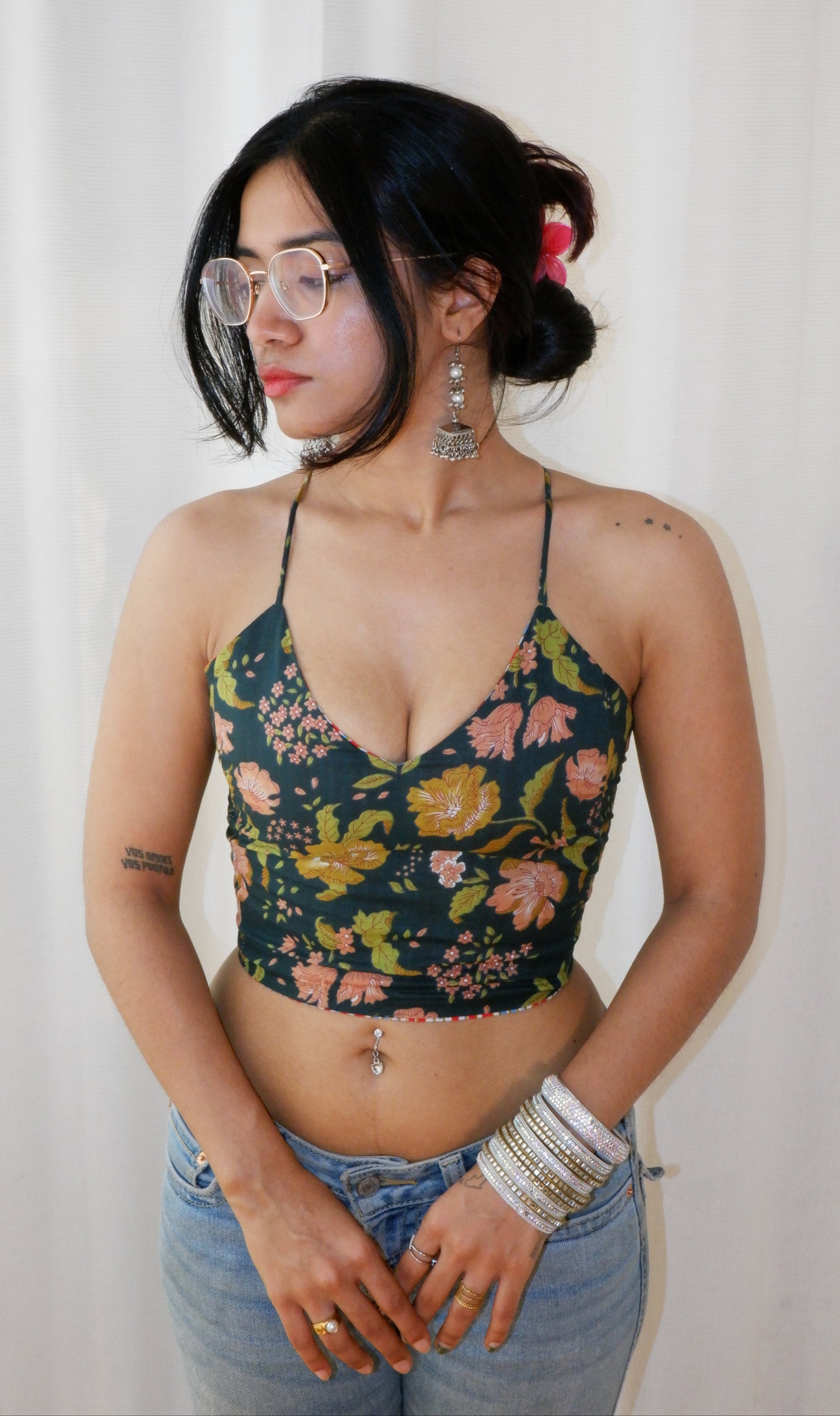 Backless GEET halter neck top in pure cotton with a playful forest fairy print.