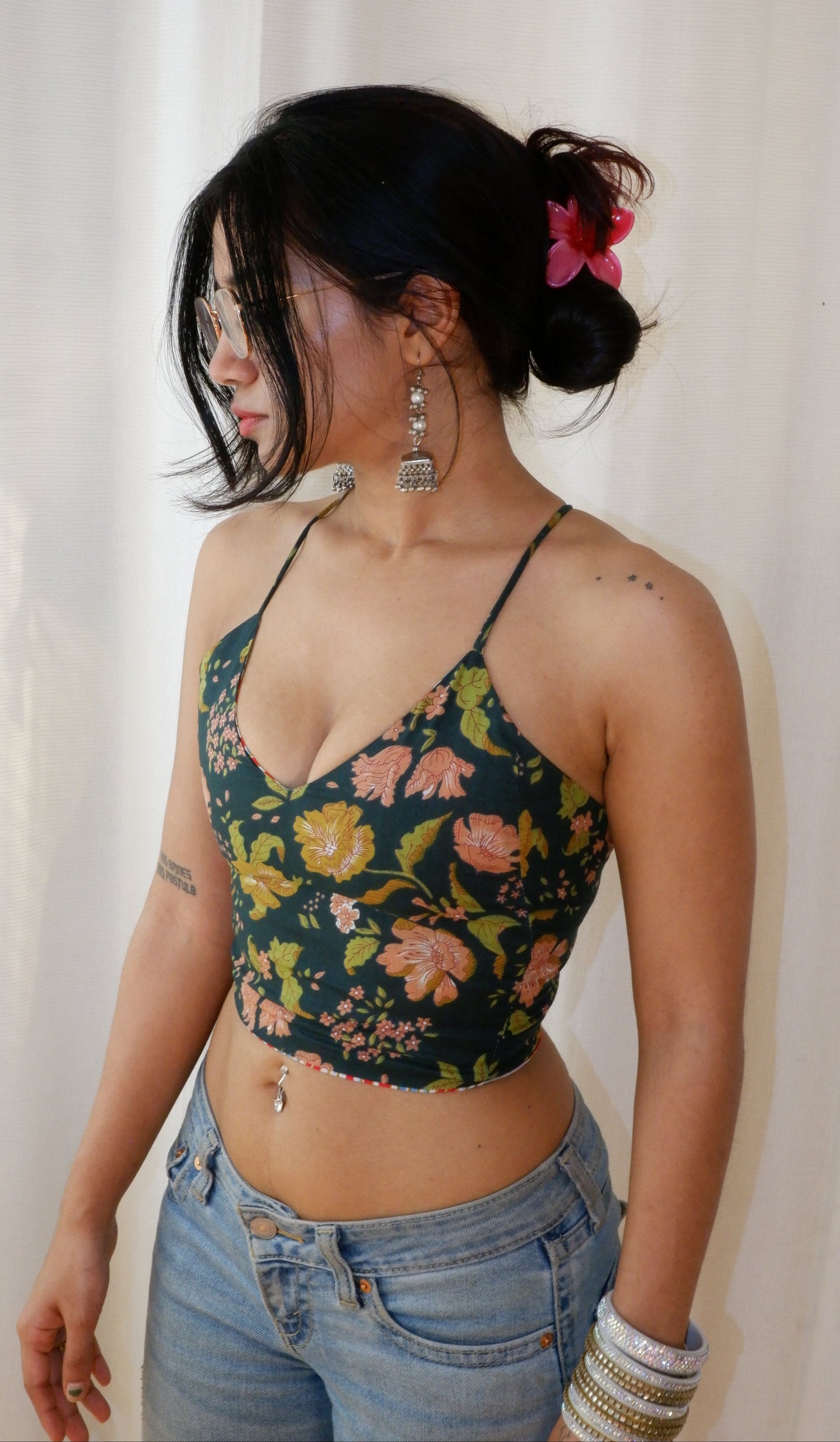 Backless GEET halter neck top in pure cotton with a playful forest fairy print.