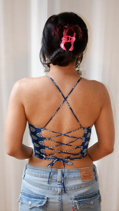 Indigo Bloom Backless Crop Top