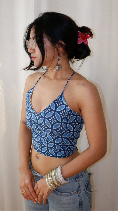 Backless GEET halter neck top in pure cotton with a playful botanic bloom  print.