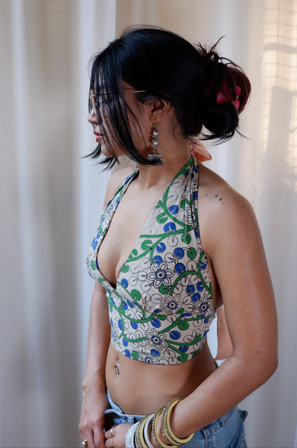 Backless GEET halter neck top in pure cotton with a playful botanic muse print.