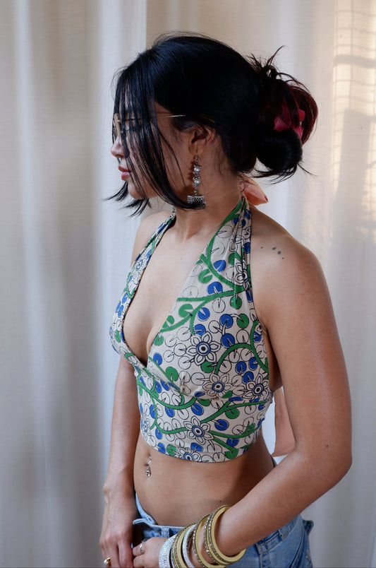 Backless GEET halter neck top in pure cotton with a playful botanic muse print.
