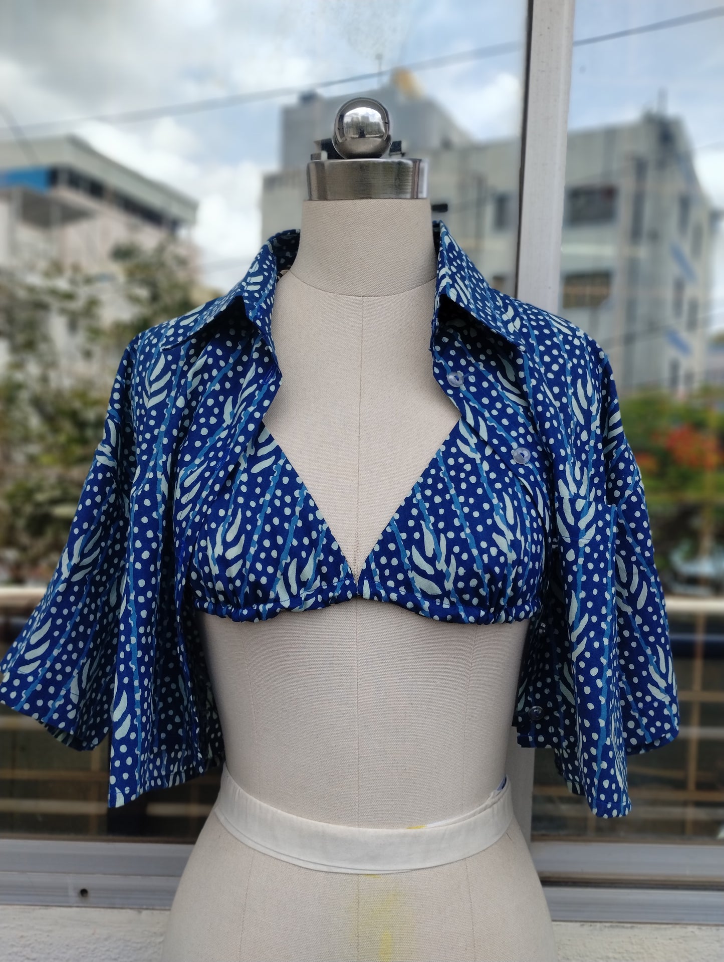 Blue weave combo: Crop shirt + Bikini Top