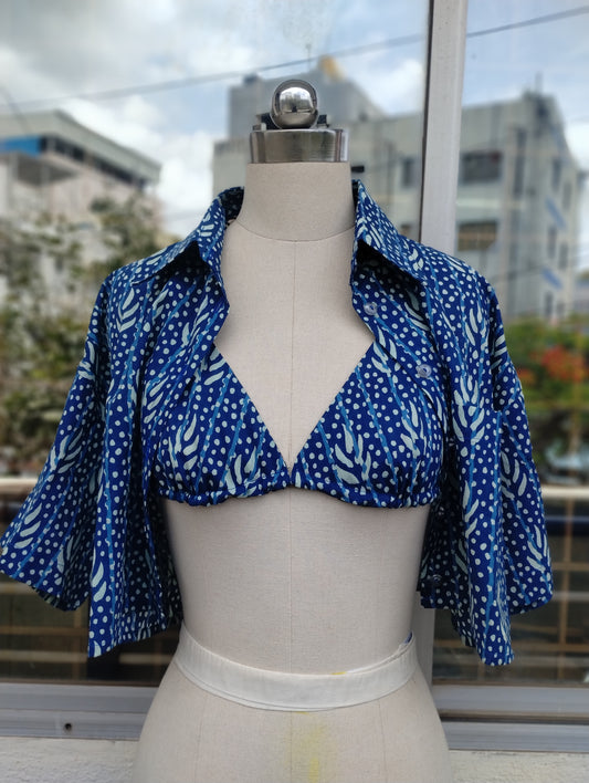 Blue weave combo: Crop shirt + Bikini Top