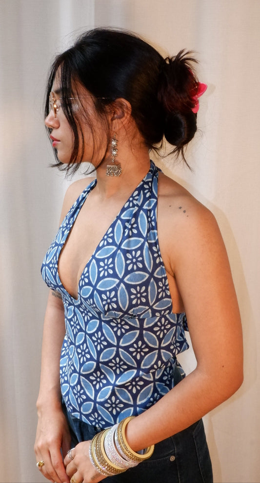Backless GEET halter neck top in pure cotton with a playful twilight print.