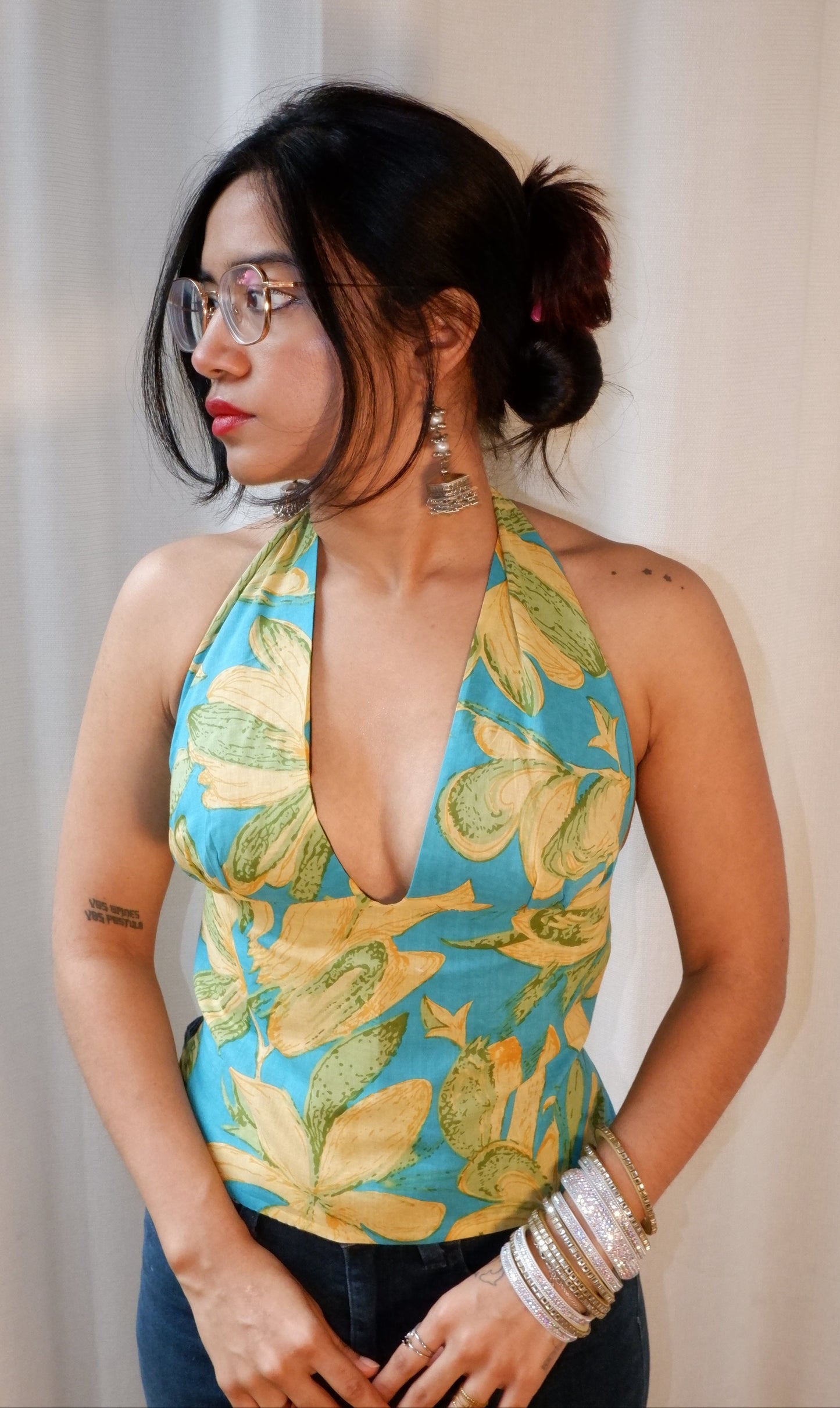 Backless GEET halter neck top in pure cotton with a playful tropical bloom print.