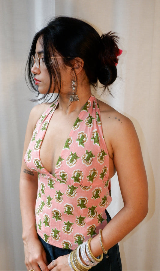 Backless GEET halter neck top in pure cotton with a playful electric blossom print.