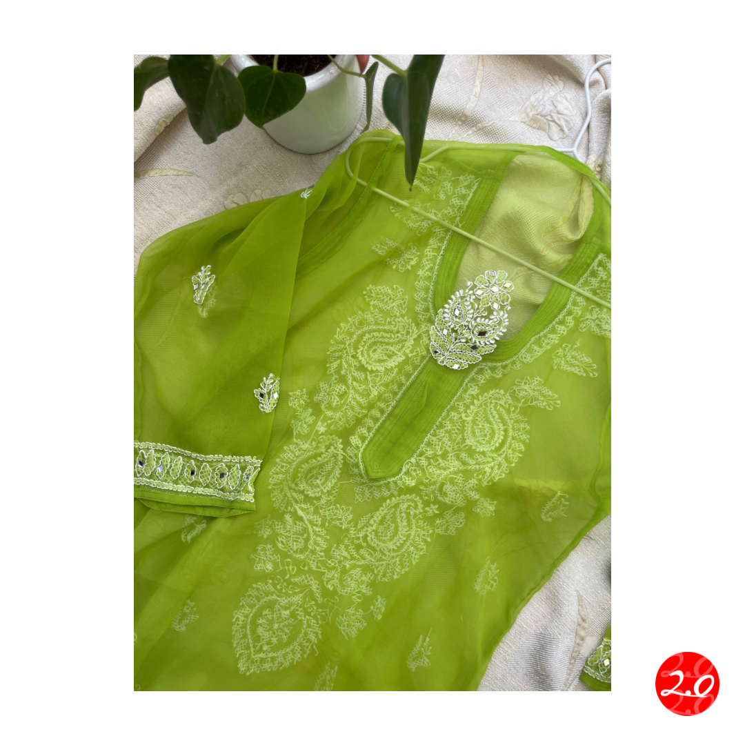 Green Mirror Chikankari Kurti