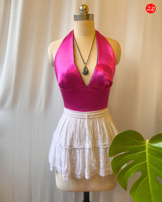 Magenta-Black Satin Reversible Halter Top