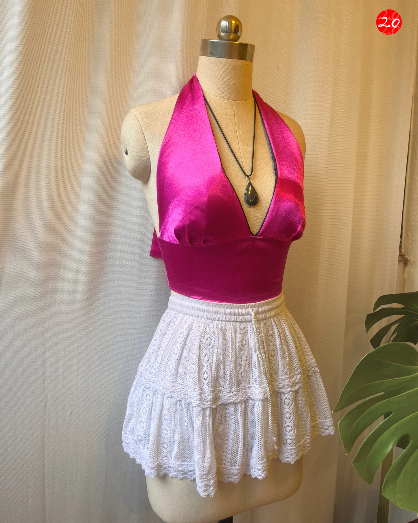 Magenta-Black Reversible Halter Top