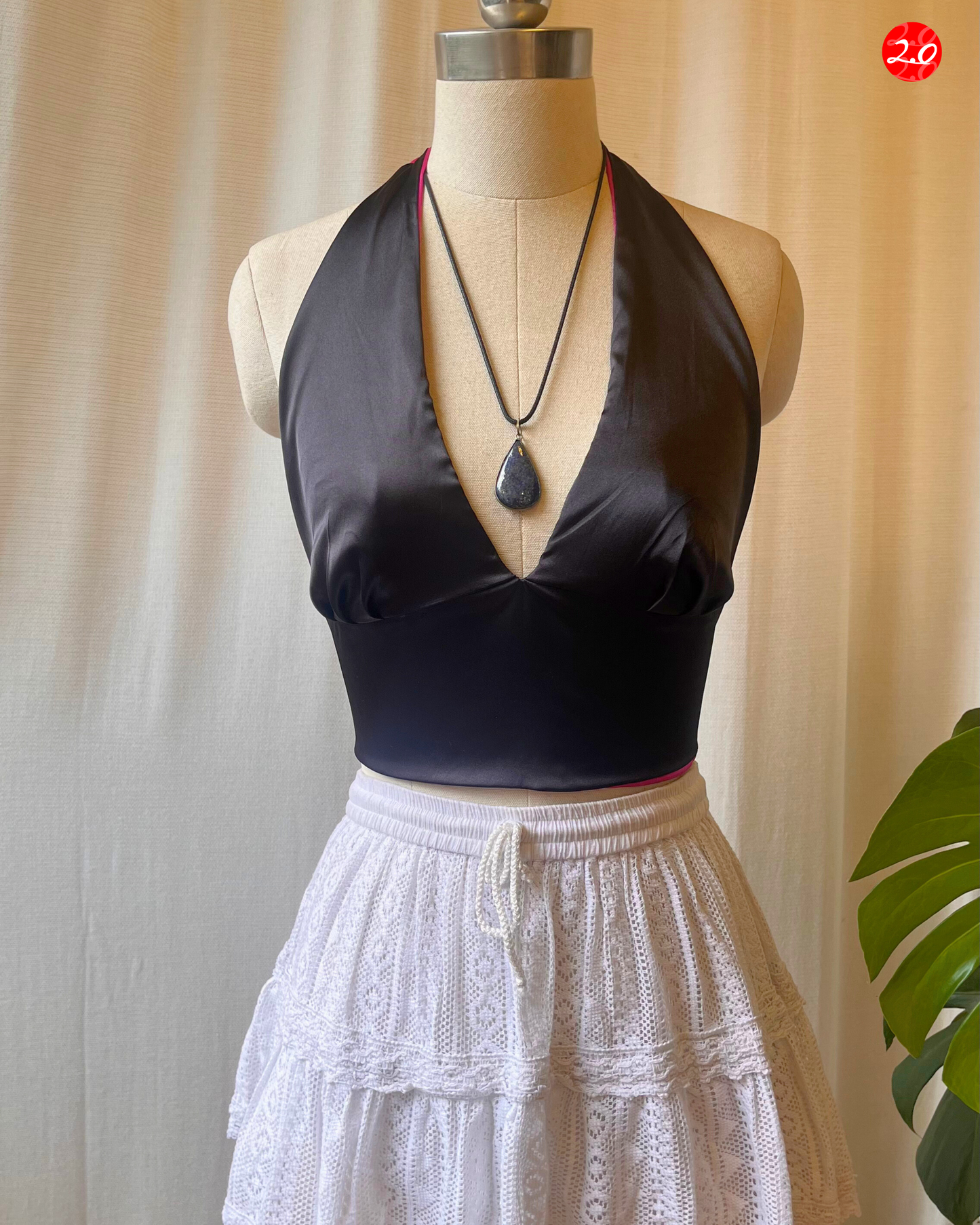 Magenta-Black Reversible Halter Top