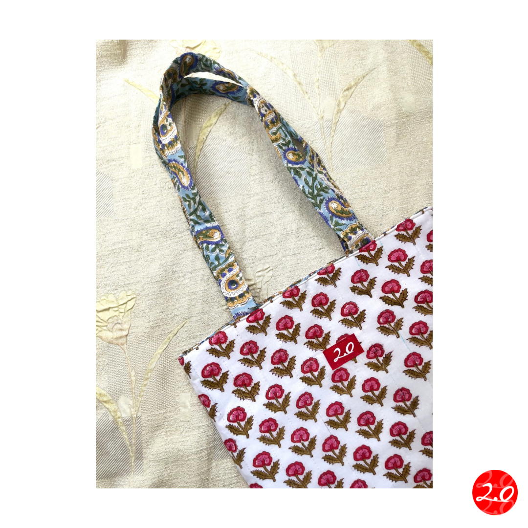 Floral Red-Blue Reversible Tote bag