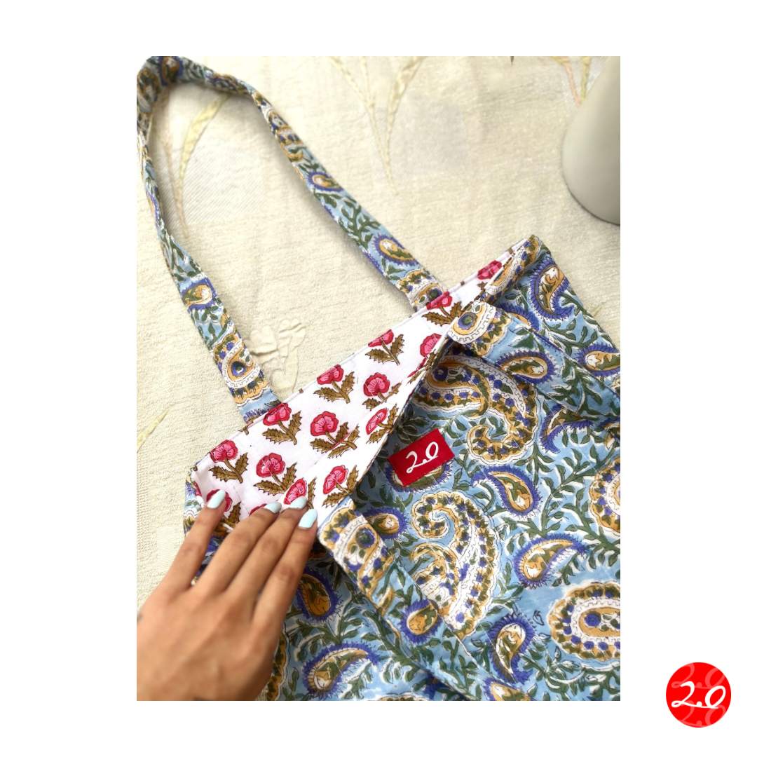 Floral Red-Blue Reversible Tote bag