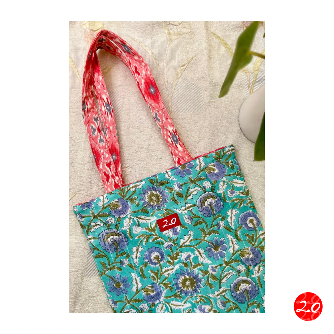 Floral Pink-Blue Reversible Tote bag