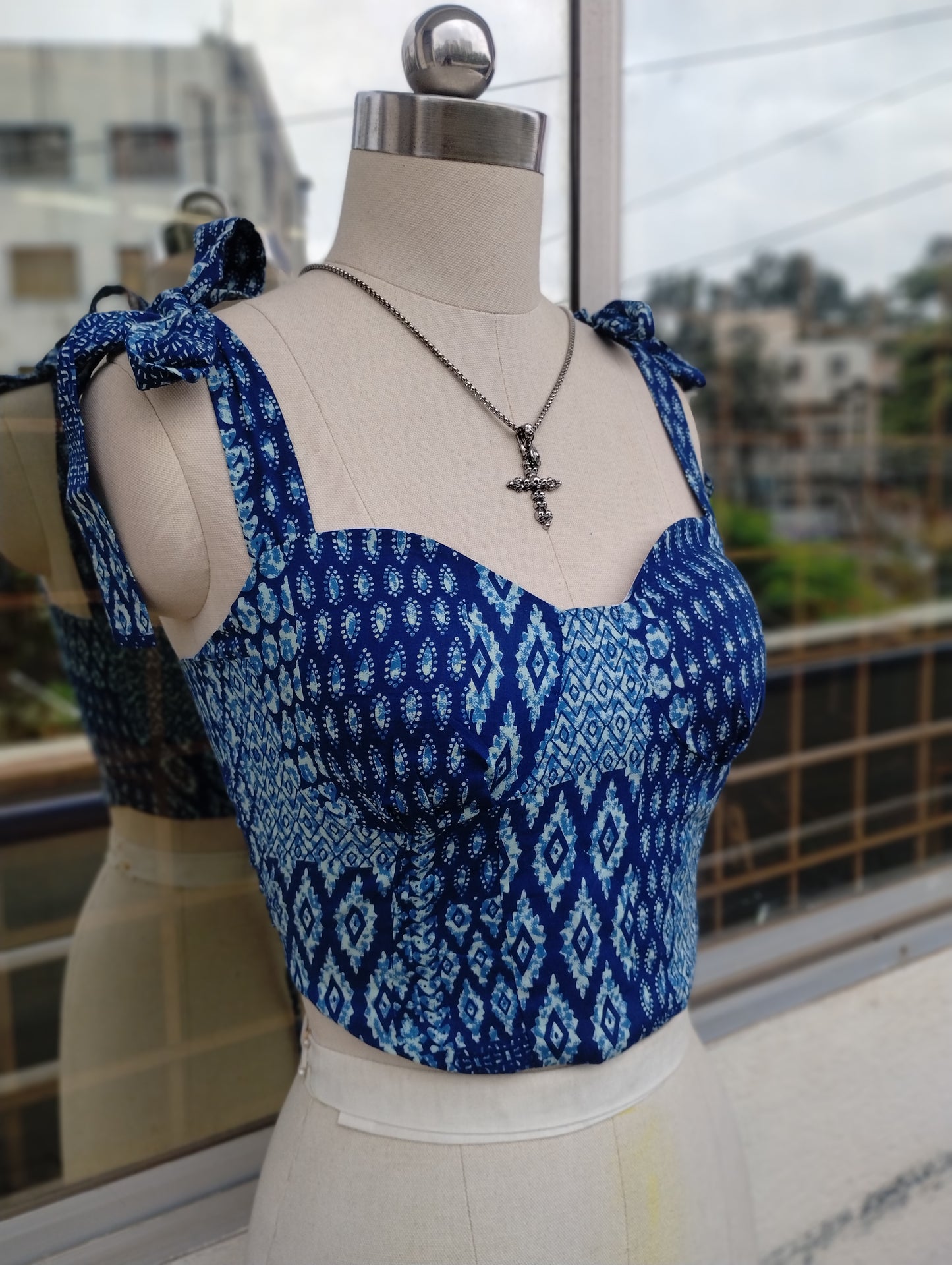 Indigo collage corset top