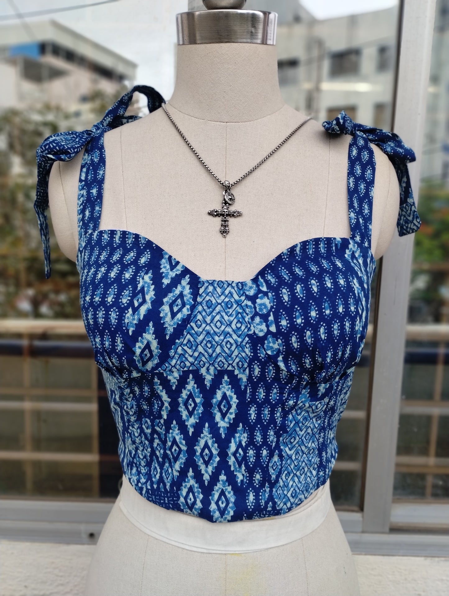 Indigo collage corset top