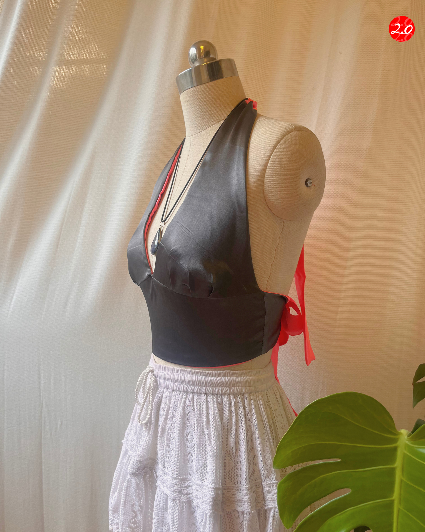 Pink-Grey Satin Reversible Halter Top