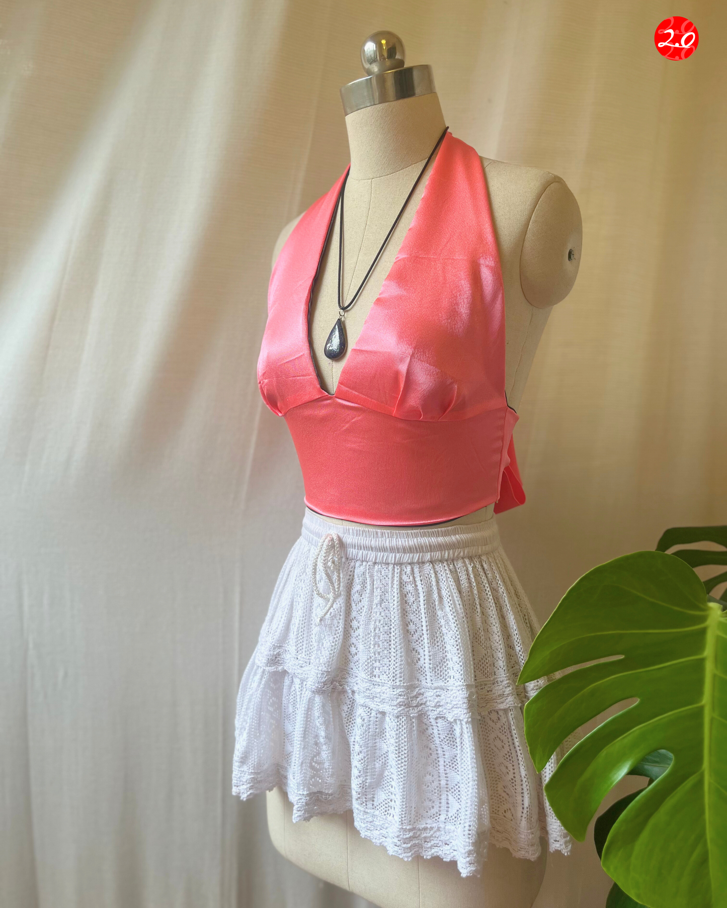 Pink-Grey Satin Reversible Halter Top