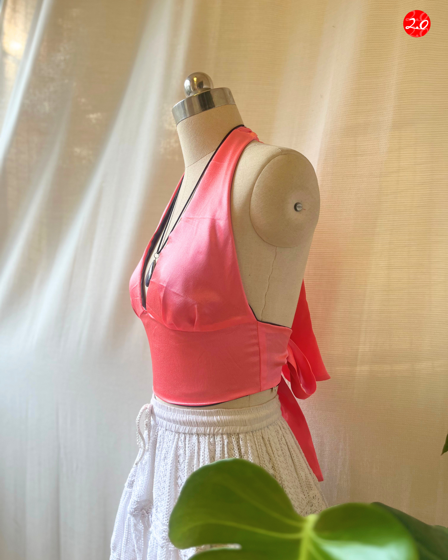 Pink-Grey Satin Reversible Halter Top