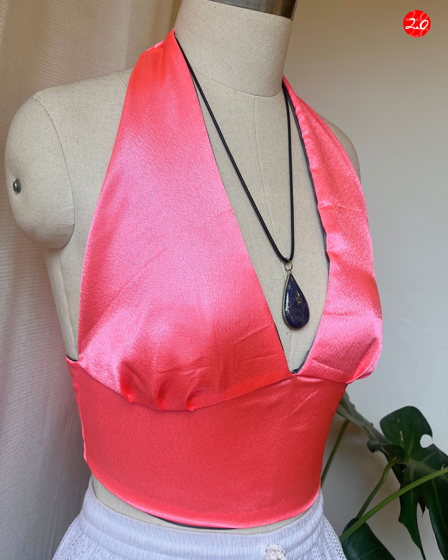 Pink-Grey Satin Reversible Halter Top