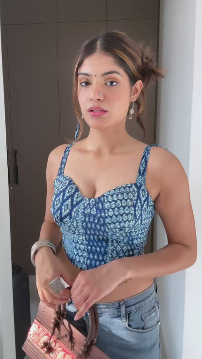 Indigo collage corset top