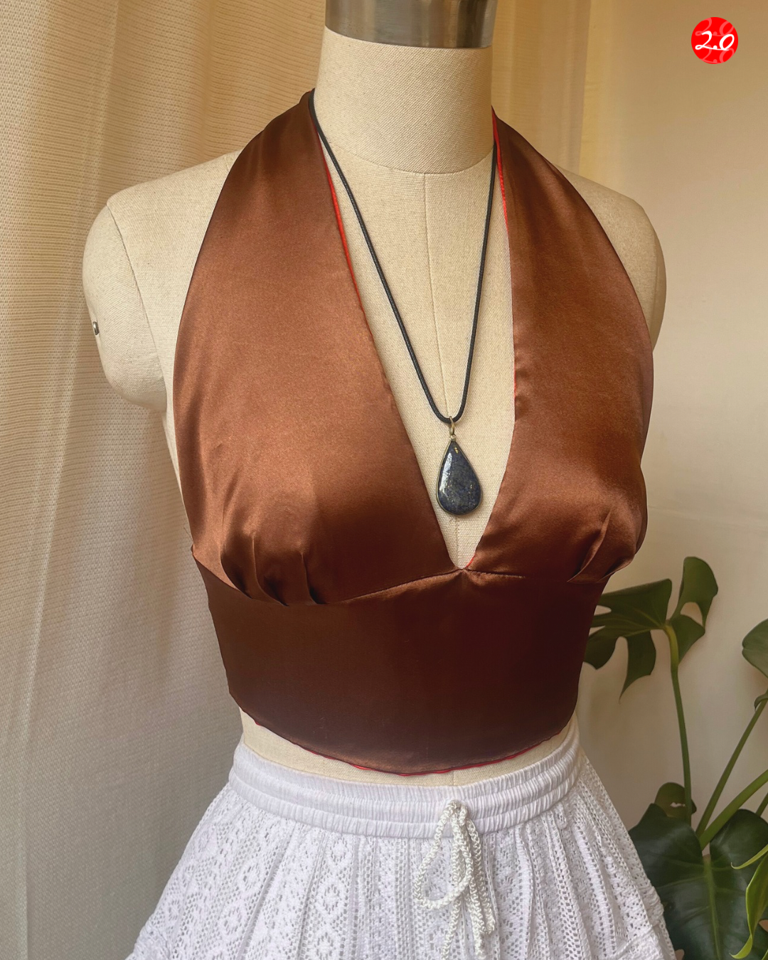 Crimson-Coffee Satin Reversible Halter Top