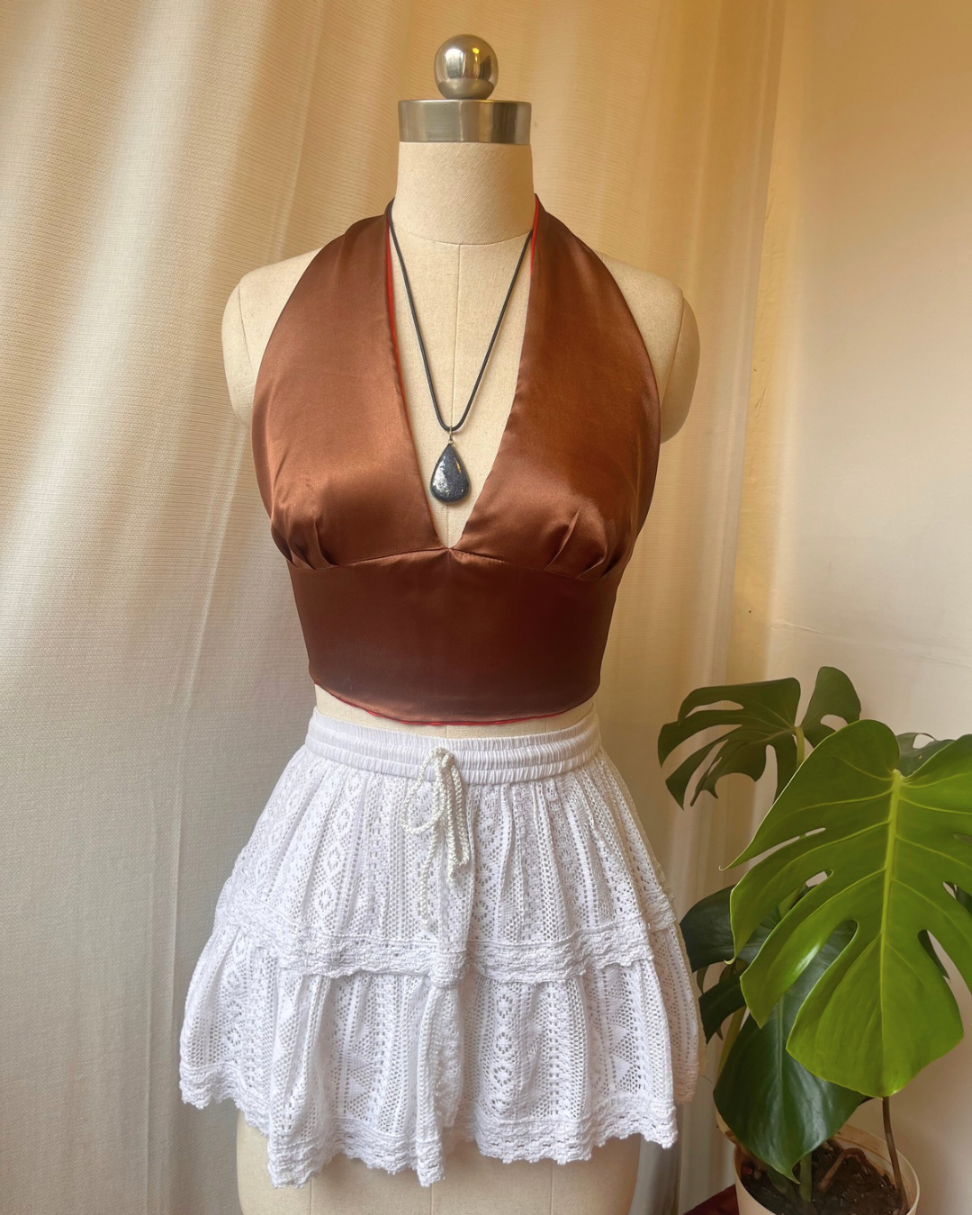 Crimson-Coffee Satin Reversible Halter Top