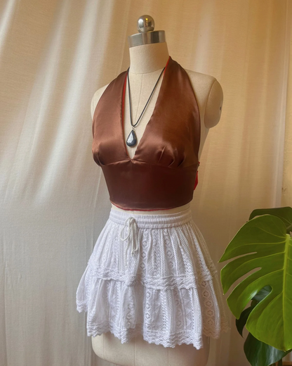 Crimson-Coffee Satin Reversible Halter Top