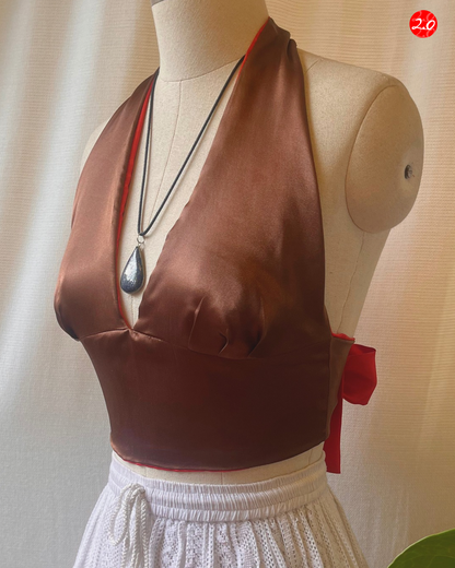 Crimson-Coffee Satin Reversible Halter Top